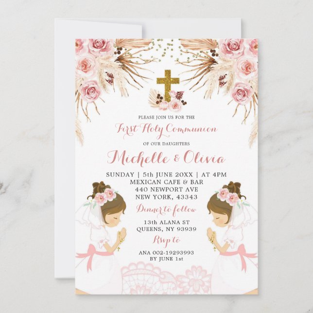 Twin Blush Pink Boho Pampas First Holy Communion Invitation (Front)