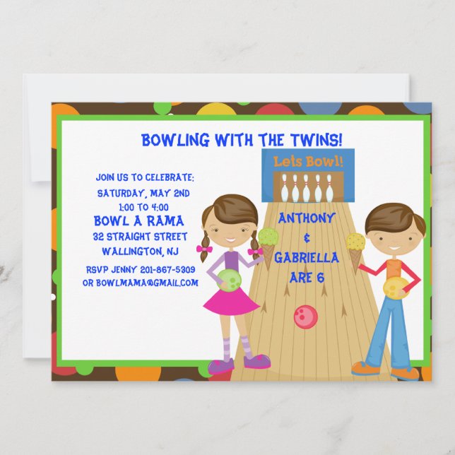 Twin Bowling Birthday Party Invitation (Front)
