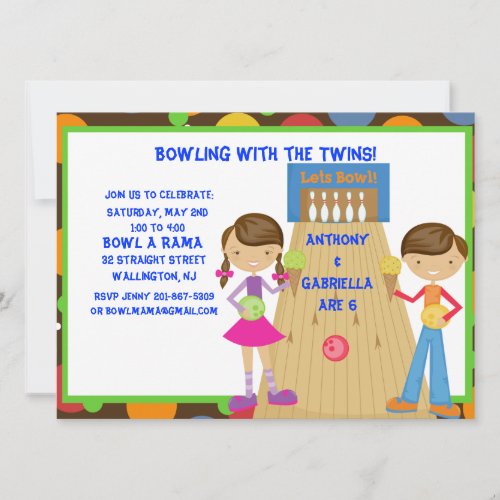 Twin Bowling Birthday Party Invitation