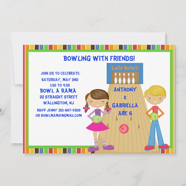 Twin Bowling Birthday Party Invitation (Front)