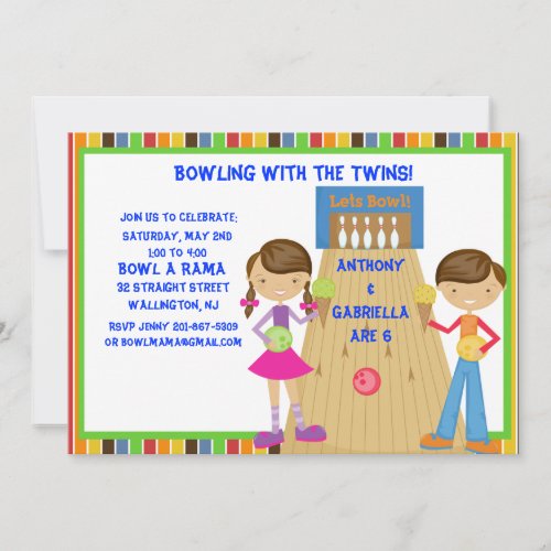 Twin Bowling Birthday Party Invitation