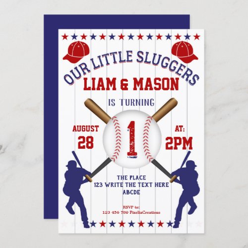 Twin Boy 1st Birthday Little Slugger Baseball Invitation