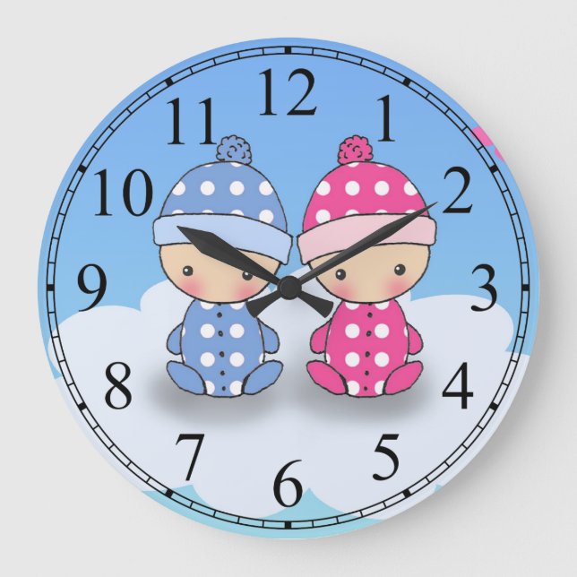 Twin Boy and Girl Baby Polka Dot Wall Clock (Front)