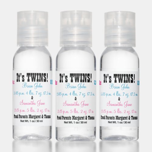 Twin Boy and Girl Blue Pink Birth Stats Hand Sanitizer