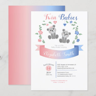 Twin boy and girl Cute bear babyshower Invitation
