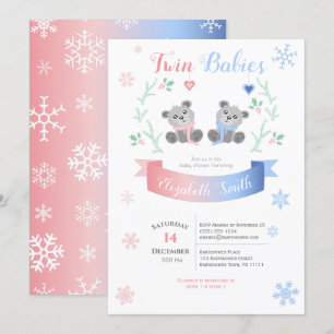 Twin boy and girl Cute bears winter babyshower Invitation