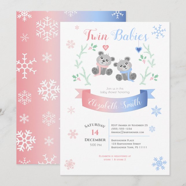 Twin boy and girl Cute bears winter babyshower Invitation (Front/Back)