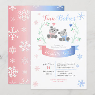 Twin boy and girl Cute bears winter babyshower Invitation