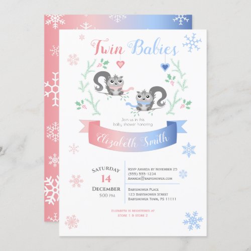 Twin boy and girl Cute Squirrels winter babyshower Invitation