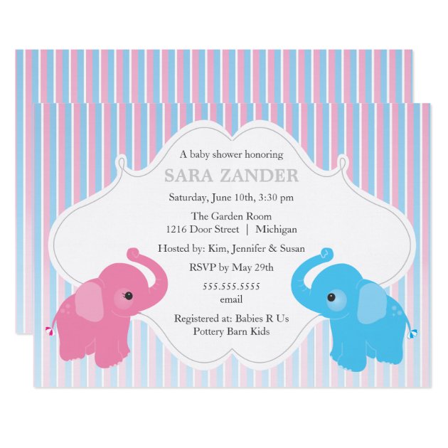 Twin Boy And Girl Elephant  Baby Shower Invitation