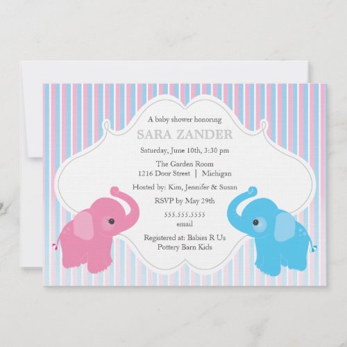 Twin Boy and Girl Elephant  Baby Shower Invitation