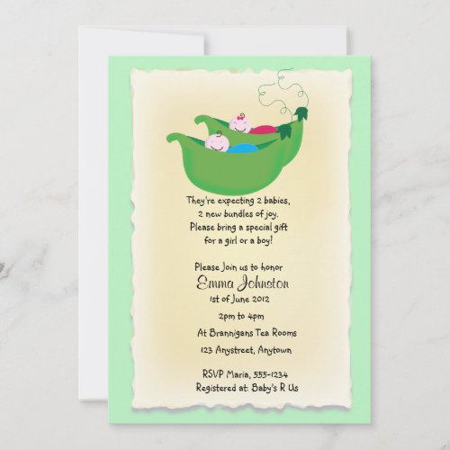 Twin boy and Girl Peas in a Pod baby shower invite