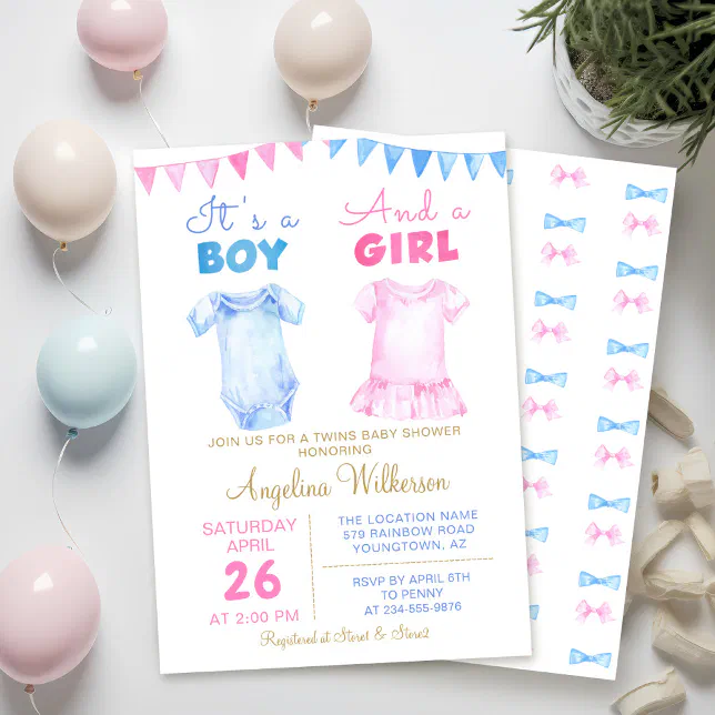 Twin Boy and Girl Pink Blue Baby Shower Invitation | Zazzle