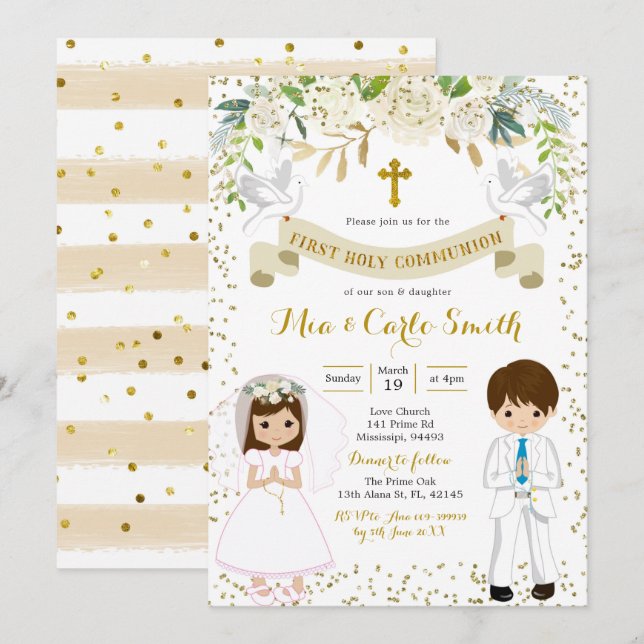 Twin boy and girl sibling first communion 2 invitation (Front/Back)