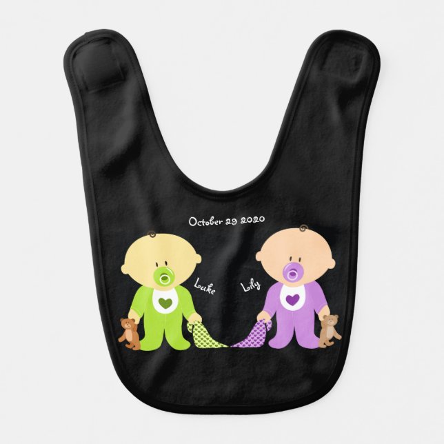 Twin boy and girl with both names baby bib (Front)