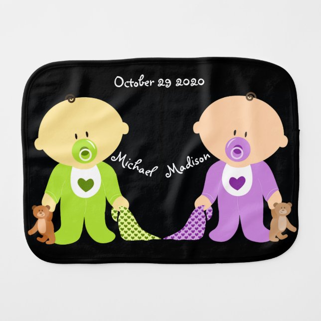 Twin boy and girl with both names baby burp cloth (Front Horizontal)