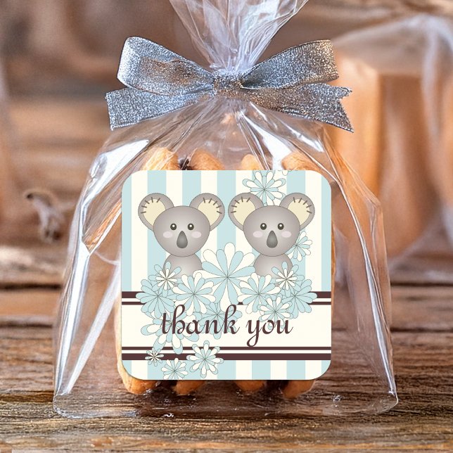 Twin Boy Baby Shower / Birthday Koala Thank You Square Sticker (Creator Uploaded)