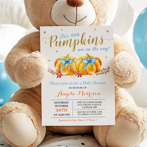 Twin Boy Baby Shower Two Little Pumpkins Blue Invitation