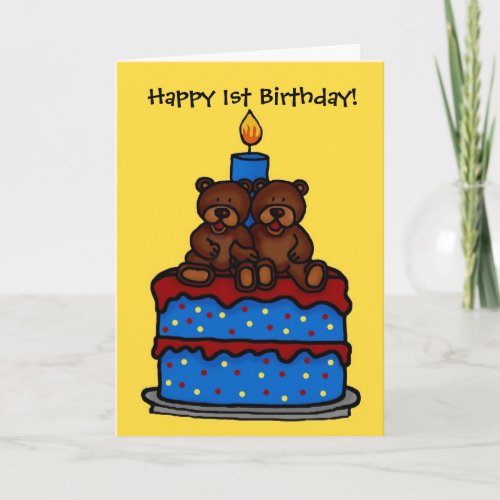 twin boy bears on cake 1st birthday card