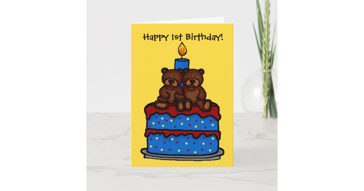 Twin Boy Bears On Cake 1st Birthday Card Zazzle Com