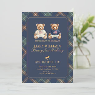 Twin Boy Beary First Birthday Teddy Bear Invitation