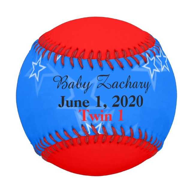 Twin Boy Birth Stats Red White Blue Baseball (Front)
