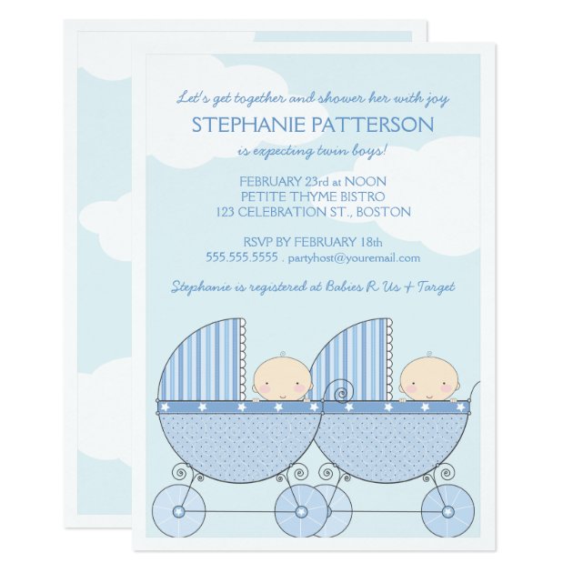 Twin Boy Blue Carriage Happy Baby Shower Invitation
