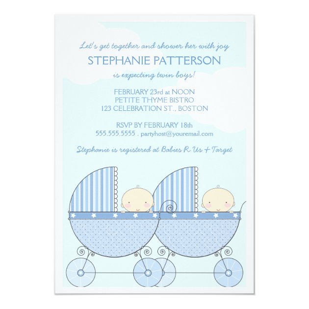 Twin Boy Blue Carriage Happy Baby Shower Invitation
