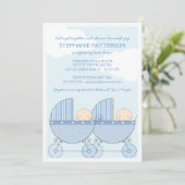 Twin Boy Blue Carriage Happy Baby Shower Invitation (Standing Front)