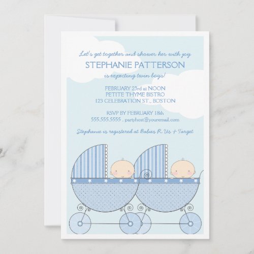 Twin Boy Blue Carriage Happy Baby Shower Invite