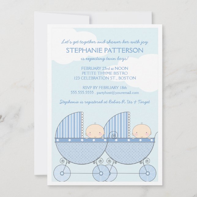 Twin Boy Blue Carriage Happy Baby Shower Invitation (Front)