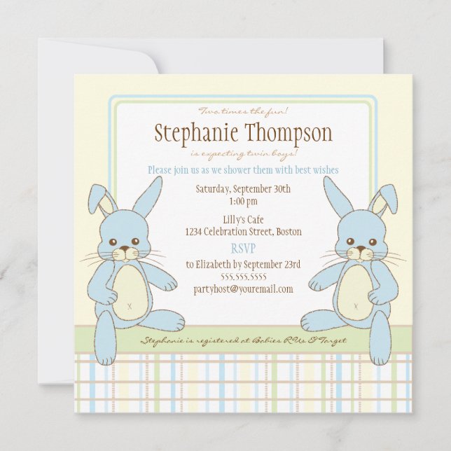 Twin Boy Bunny Rabbits Baby Shower Invitation (Front)