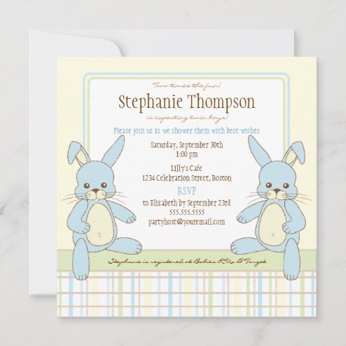 Twin Boy Bunny Rabbits Baby Shower Invitation