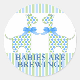 Twin Boy Giraffe Babies are Brewing Baby Shower Classic Round Sticker