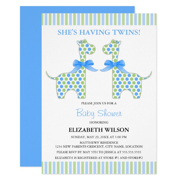 Twin Boy Giraffe Baby Shower Invitation