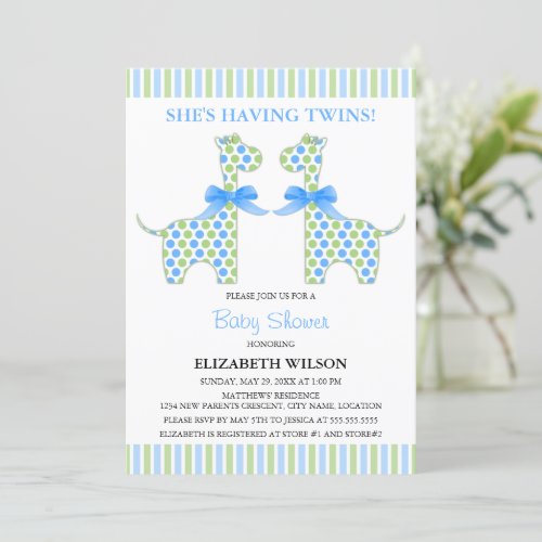 Twin Boy Giraffe Baby Shower Personalized Announcement