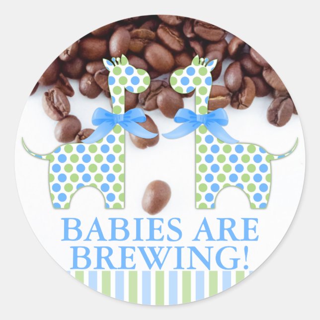 Twin Boy Giraffes Babies are Brewing Baby Shower Classic Round Sticker (Front)