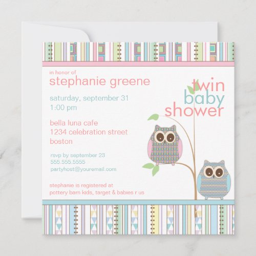 Twin Boy &amp; Girl Baby Owl PInk &amp; Blue Baby Shower Invite
