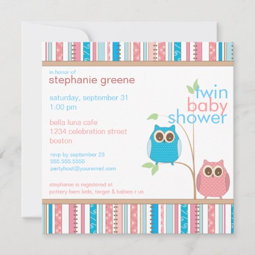 Twin Boy &amp; Girl Baby Owl PInk &amp; Blue Baby Shower Custom Announcement