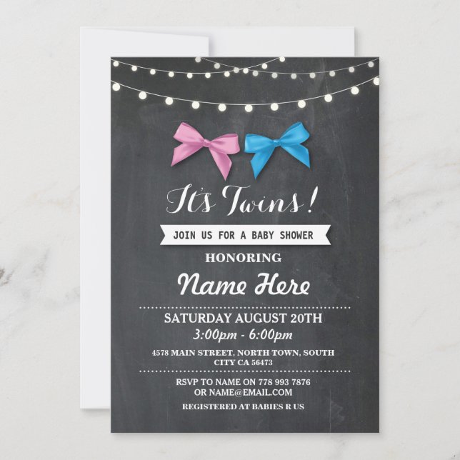 Twin Boy Girl Baby Shower Gender Reveal Bow Invite (Front)