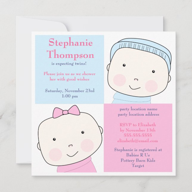 Twin Boy Girl Blue Pink Baby Shower Invitation (Front)