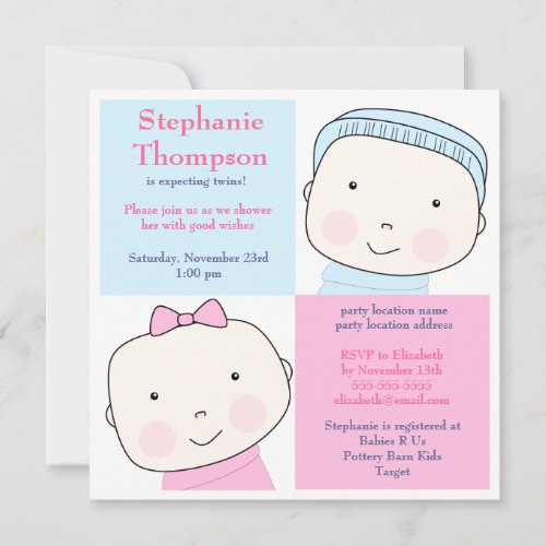 Twin Boy Girl Blue Pink Baby Shower Invitation
