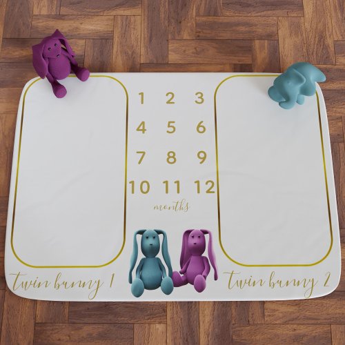 Twin Boy Girl Bunny Monthly Milestone Baby Blanket