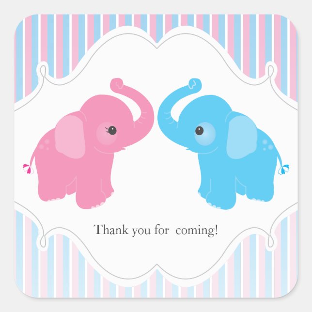 Twin Boy & Girl Elephant Baby Shower Favor Sticker (Front)