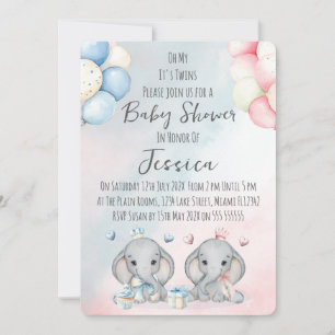 Twin Boy & Girl Elephant Baby Shower Invitation