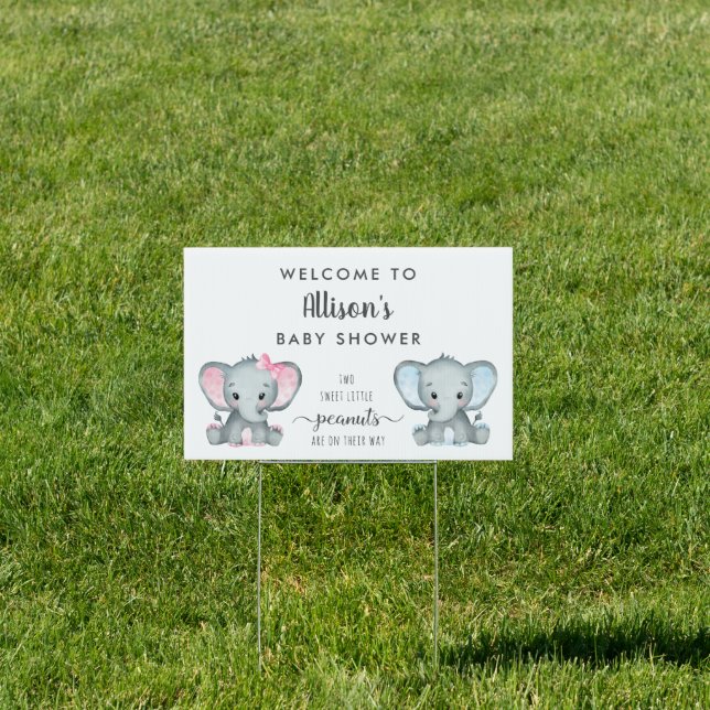 Twin Boy Girl Elephant Baby Shower Welcome Sign (Insitu)