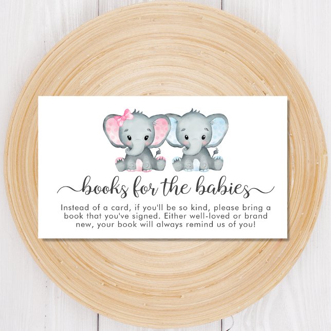 Twin Boy Girl Elephant Books For Baby Shower Enclosure Card (Creator Uploaded)