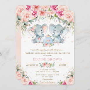 Twin Boy Girl Elephant Pink Floral Tea Baby Shower Invitation