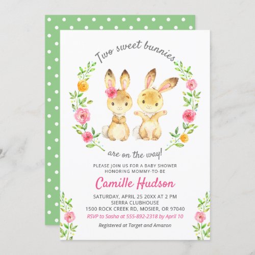 Twin Boy Girl Floral Colorful Bunny Baby Shower Invitation