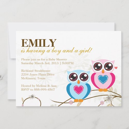 Twin Boy &amp; Girl Owls Baby Shower Invitation